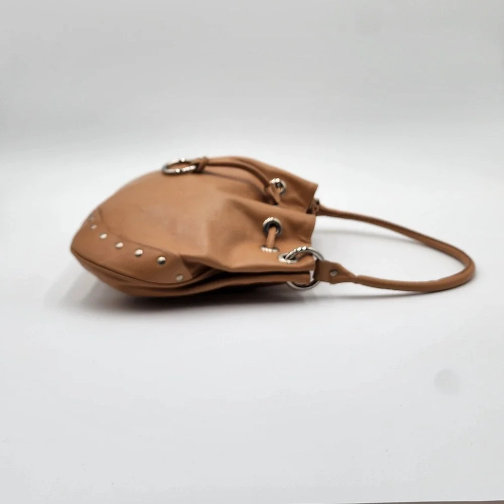 Furla Hobo Shoulder Bag Tan Soft Smooth Leather Drawstring Studded Authentic